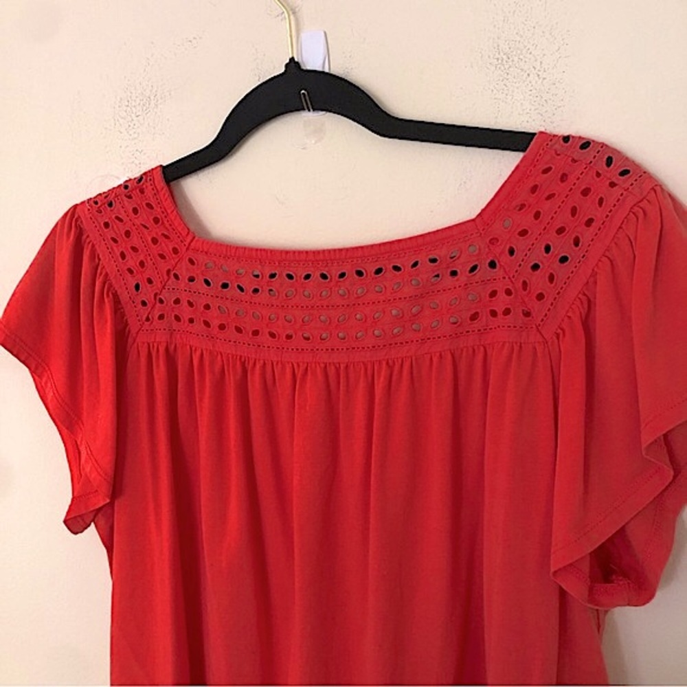 St. John’s Bay Coral Red Flowy Square Neckline Embroidered Short Sleeve Blouse - Picture 2 of 5